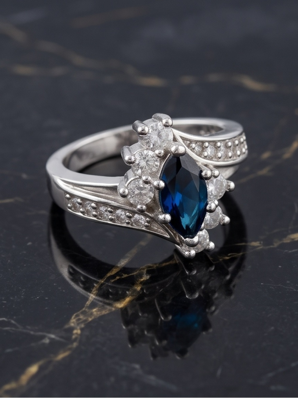 Marquise Cut Blue Faux Sapphire Ring With CZ
Stones Size 7-3/4